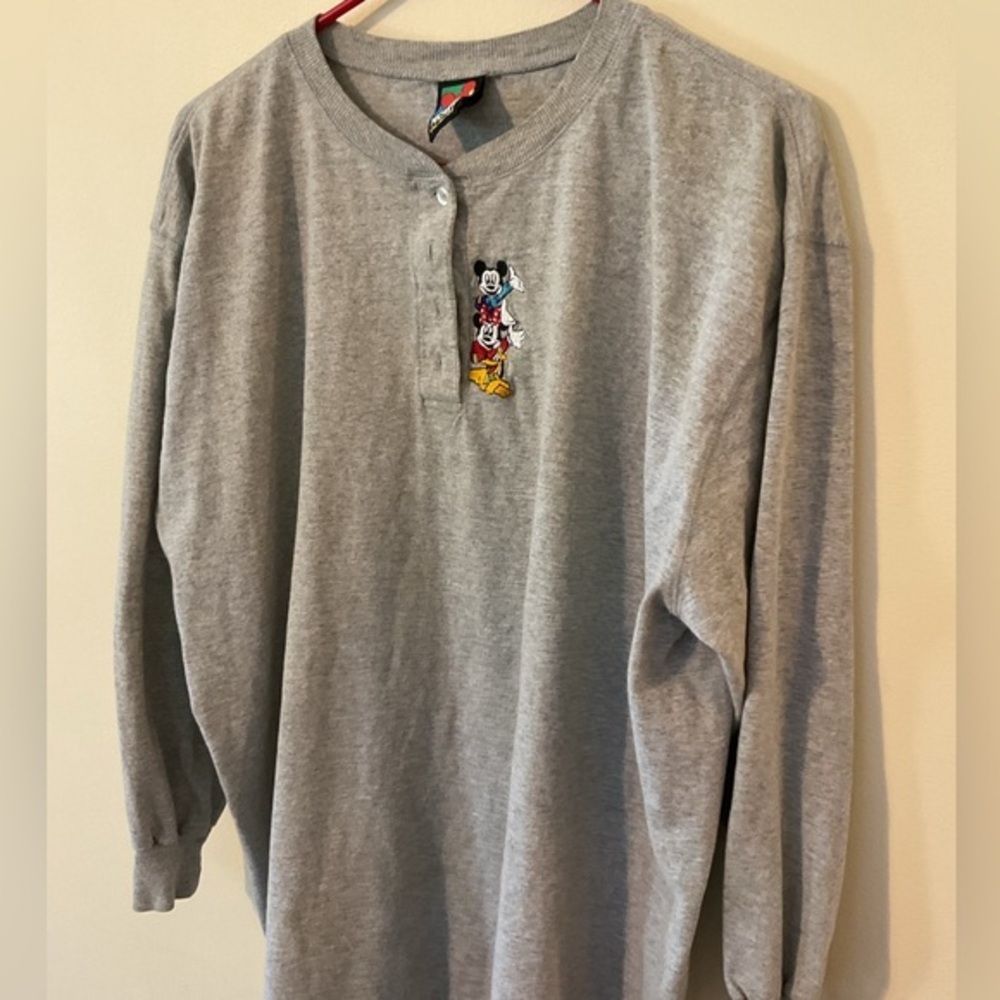 DISNEY Store Gray Long Sleeve Henley with Mickey Mouse, Minne Mouse, Pluto